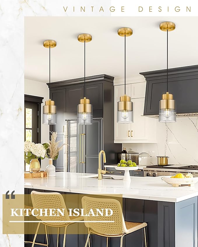 Gold Pendant Lights Kitchen Island, Dual Shade Hanging Lights Fixtures with Metal and Clear Glass, Modern Brass Kitchen Pendant Lighting Over Island for Dining Room, AD-24022-1P-GD