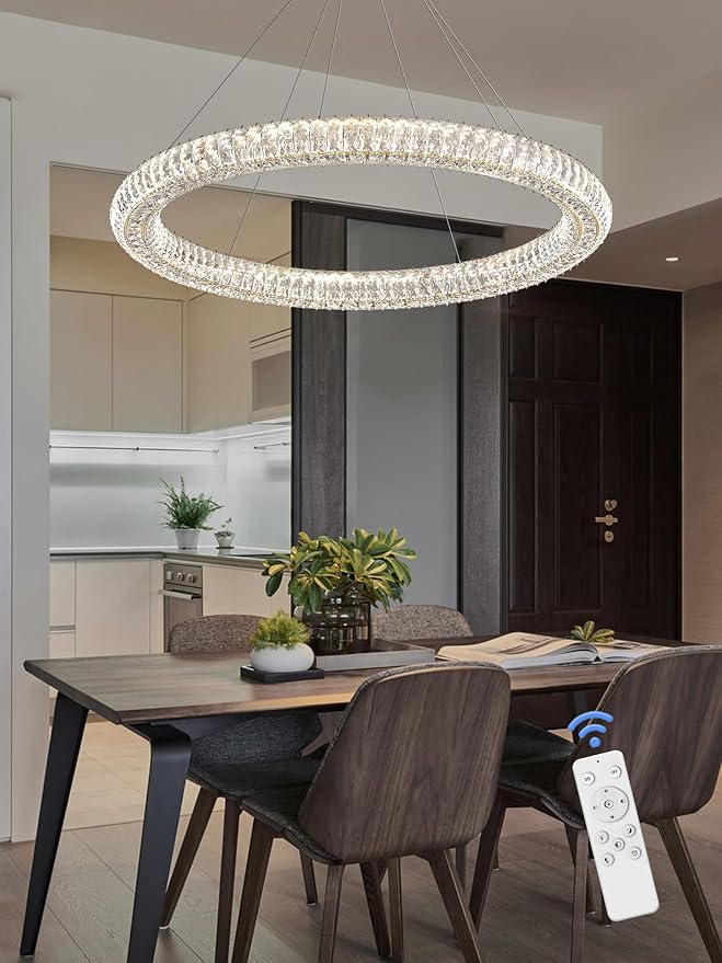 Modern Gold Crystal Chandelier Dimmable LED 47.5" Ring Pendant Light Adjustable Round Crystal Chandelier Light Fixtures for Dining Room Living Room