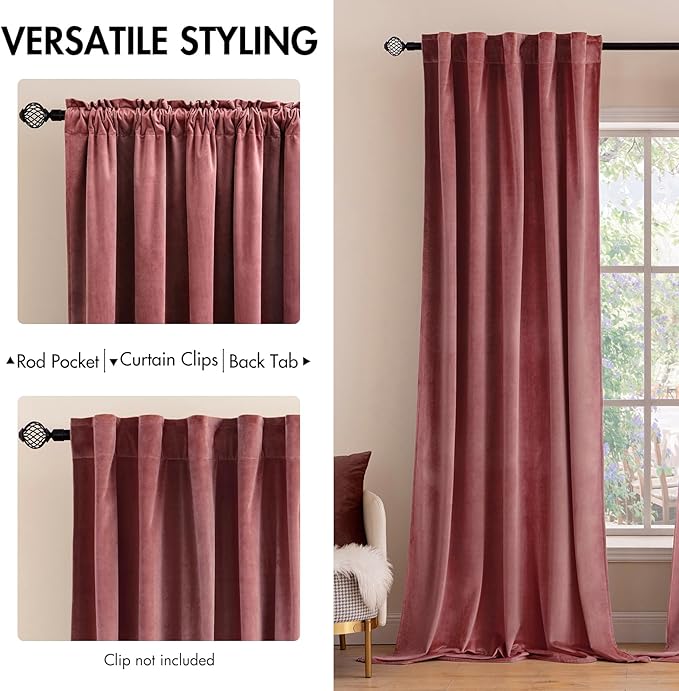 MIULEE Velvet Curtains 108 inches Long 2 Panels - Luxury Blackout Curtains for Bedroom Living Room Thermal Insulated Super Soft Window Drapes Rod Pocket & Back Tab, Dusty Rose Pink