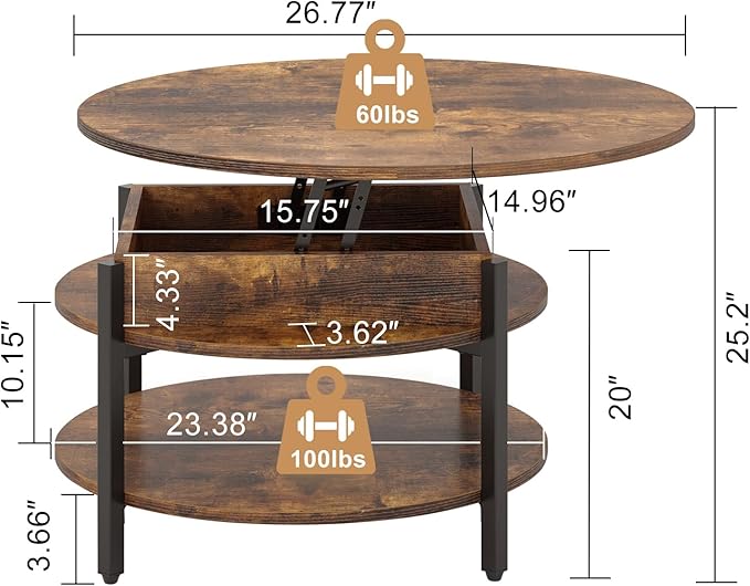 FABATO Round Lift Top Coffee Table with Storage and Hidden Compartment, 26.77'' Farmhouse Coffee Table for Living Room Reception Room, 2 Tier Small Round Coffee Table Circle Dining Table, Rustic Brown