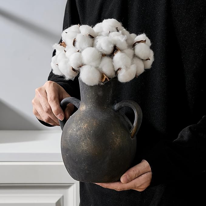 SIDUCAL Rustic Ceramic Farmhouse Flower Vase with 2 Handles, Terracotta Vase, Decorative Pottery Flower for Home Decor, Table, Wedding, Living Room, Shelf Decor, 7.3 Inch, Black Bronze