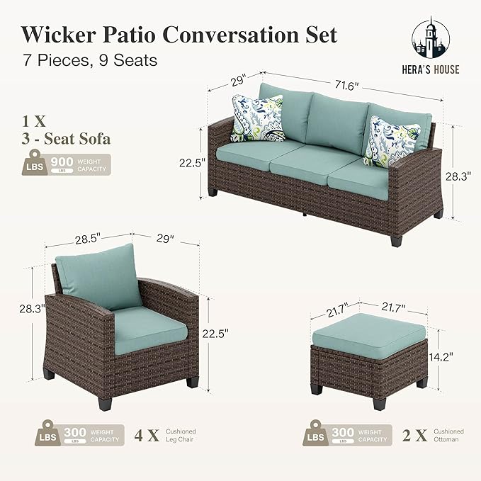 HERA'S HOUSE Outdoor Patio Furniture Set, 7 Pieces Wicker Patio Conversation Sets, Outside Sectional Sofa Set for Lawn Backyard Porch, Brown/Blue