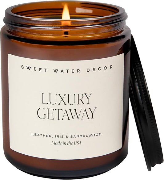 Sweet Water Decor Luxury Getaway Scented Candles - Soy Candles with Lemon, Cedarwood, Cinnamon, Vetiver, Amber & Musk Home Scent - Candle Wax with 40 Hours Burn Time - 9Oz Black Lid Amber Jar Candles