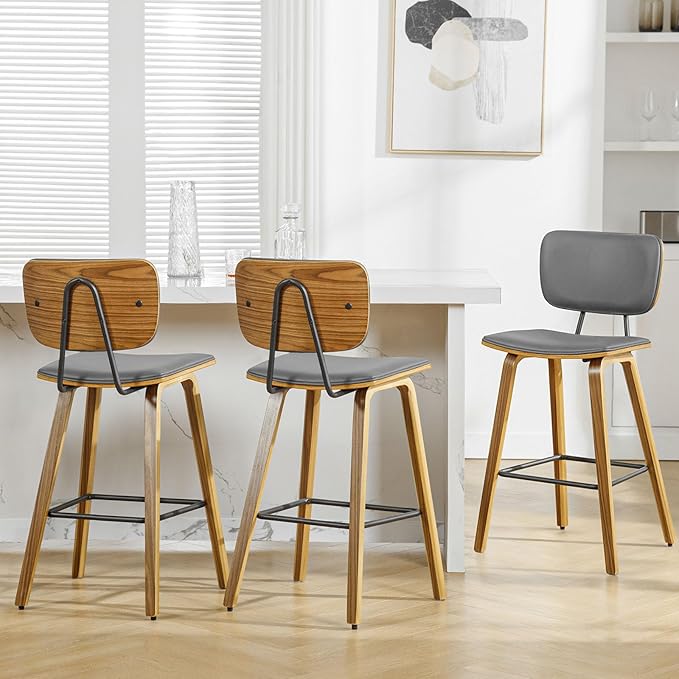 Counter Height Bar Stools Set of 3, PU Leather Upholstered Barstools with Backs, Bent Wood Legs, 26 Inch Seat Height, Mid Century Modern Counter Stools for Kitchen Island, Grey