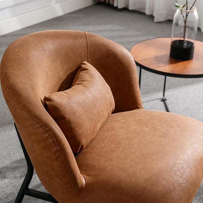 Modern Accent Chair Set of 2, Upholstered PU Leather Side Chair Guest Chair with Small Pillow Black Metal Legs, Comfy Lounge Chair for Living Room Bedroom, Brown