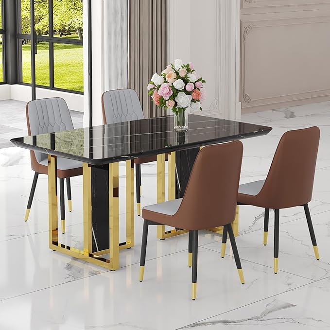 TesNus 63" Black Dining Table Set for 4 with Chairs,Modern Faux Marble Rectangular Kitchen Table and Chairs Set Luxury 5 Piece Dining Room Set with Gold Metal Legs,Easy Assemble,Stable Base