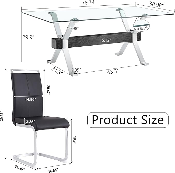 9 Piece Glass Dining Table Set, 79" Modern Dining Table Set for 8, 0.5" Thick Tempered Glass Tabletop with Silver Chrome Metal Legs and Black Crossbar, 8 PU Chairs for Dining Room, Kitchen