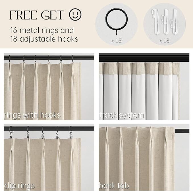 Topfinel Beige Blackout Curtains & Drapes 84 Inch Length, Cream Pinch Pleat Full Flax Linen Burlap Soundproof Curtains with Hooks Rings for Bedroom Living Room Track System 2 Panels Set, Tan