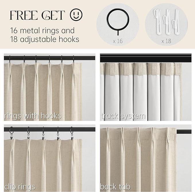 Topfinel 105 Inches Long Custom Black Out Thick Linen Drapery Panels, Ivory Cream Pinch Pleated Heat Reflective Cottage Curtains with Pin Hooks, Luxury Lined Back Tab Drapes 2 Panels for Living Room
