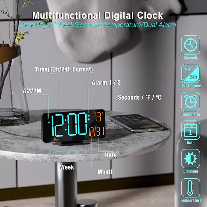KOSUMOSU Alarm Clocks for Bedrooms, 6.7" Black Small Digital Clock LED, Desk Alarm Clock with Auto Dimming,Seconds, Day of Week, Indoor Temperature,Clocks for Living Room