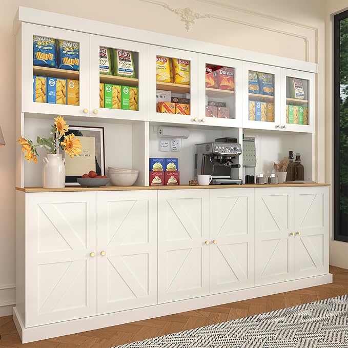 Vyre 71" Farmhouse Kitchen Pantry Cabinet, White Freestanding Coffee Bar Hutch with Glass Doors & Adjustable Shelves, Large Storage Cabinet with Microwave Stand for Living Room & Kitchen