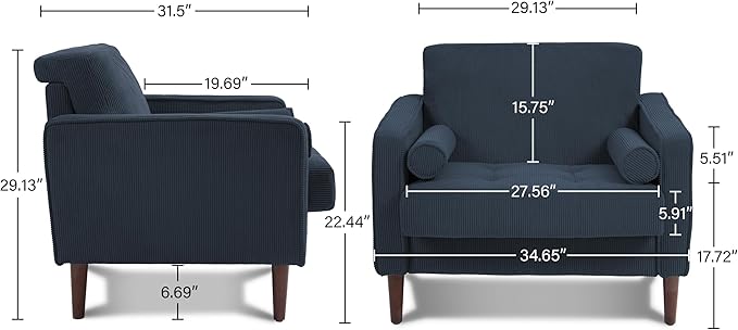 UIXE Accent Chair Corduroy Fabric Upholstered Armchair for Living Room, Mid-Century Modern Arm Chair Comfy Single Sofa Bedroom Side Reading Seat - Navy Blue
