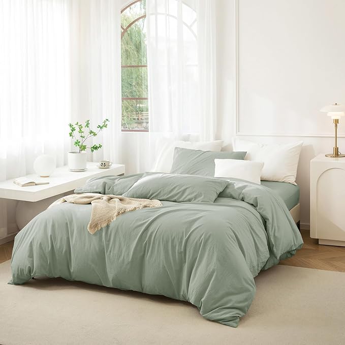 JIYUAN 100% Washed Cotton Duvet Cover Set 3 Pieces Super Queen, 1 Duvet Cover 90x98 Inches(Comforter Not Included) and 2 Pillowcases,Linen Feel Bedding Set Comfy and Breathable, Heathered Sage Green
