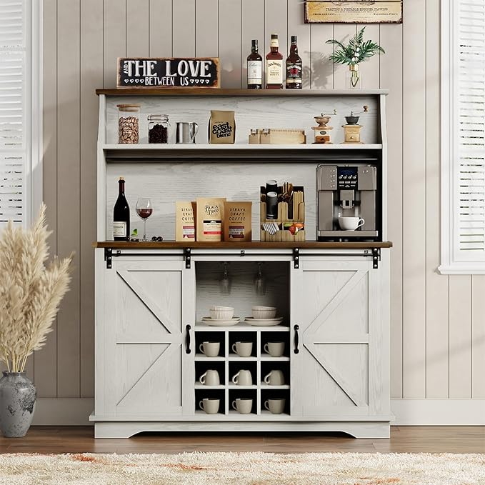 47 Inch Farmhouse Coffee Bar Cabinet with 3-Tier Storage, Kitchen Hutch with 9 Wine Racks & 3 Glass Holders, Coffee Bar with 6 Hooks, Wine Bar Cabinet for Dining Living Room, White