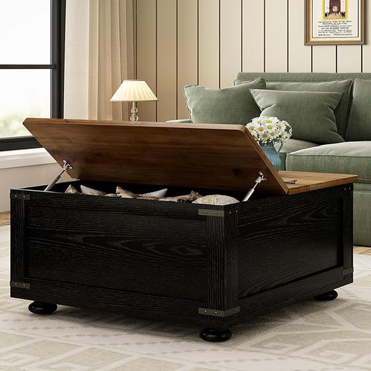 Farmhouse Coffee Table with Storage, Black Lift Coffee Tables for Living Room, Square Coffee Table with Wood Gourd Feet and Hydraulic Gas Rod, Black
