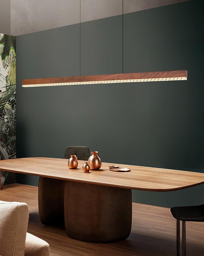 59" Wood Linear Pendant Light, Dimmable Kitchen Island Lighting with Remote, 30W LED Island Lights for Kitchen, Adjustable Linear Chandelier for Dinning Room Light Fixture, Bar, Pool Table - Walnut