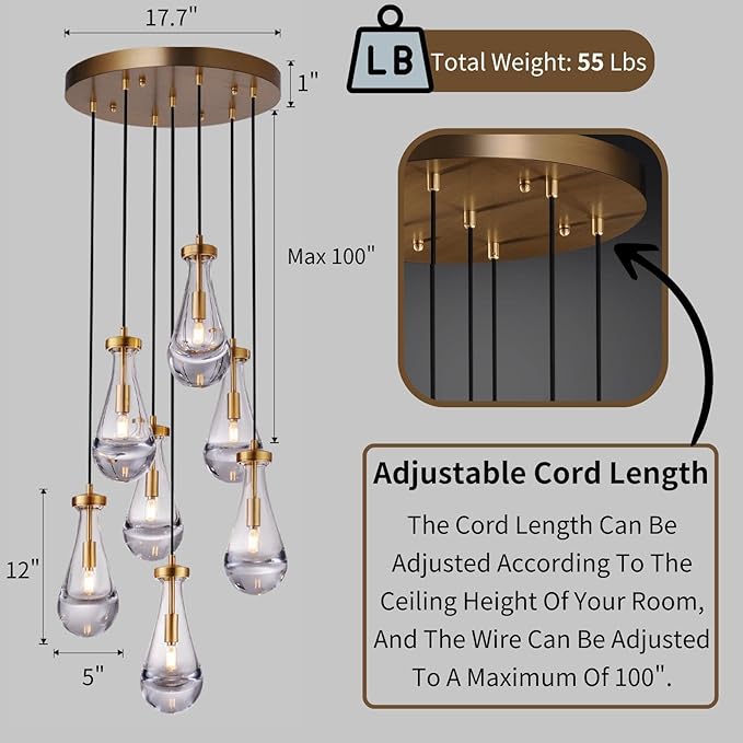 Brass Raindrop 7 Light Dining Room Pendant Light, Large Chandelier Adjustable Hanging Line, Living Room Pendant Light, Foyer Chandelier, Stairwell Pendant Lights, Bedroom