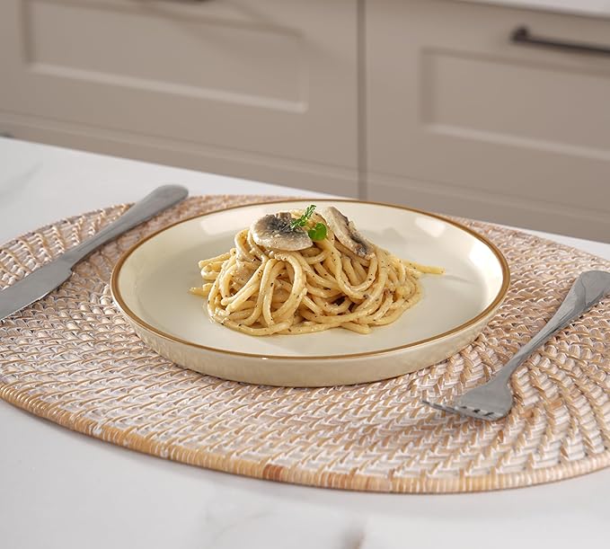 Famiware Saturn Dinnerware Sets, Plates and Bowls Sets for 4, 12 Pieces Stoneware Dish Set - Chip and Scratch Resistant, Microwave and Dishwasher Safe Tableware Set, Vanilla White with Rim