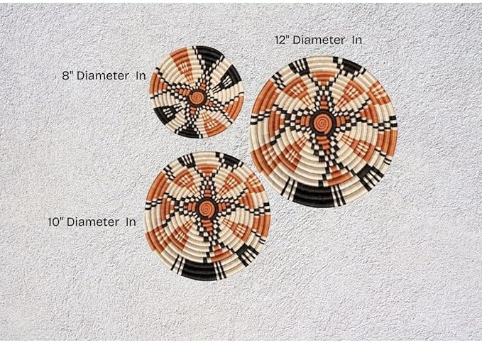 Handwoven African Basket Handmade sisal Fruit Bowl Wall Hanging decorative Baskets for Home Living Room Kitchen Centerpiece Zen Designs Arts and Crafts (Orange Beige, 8in diameter)