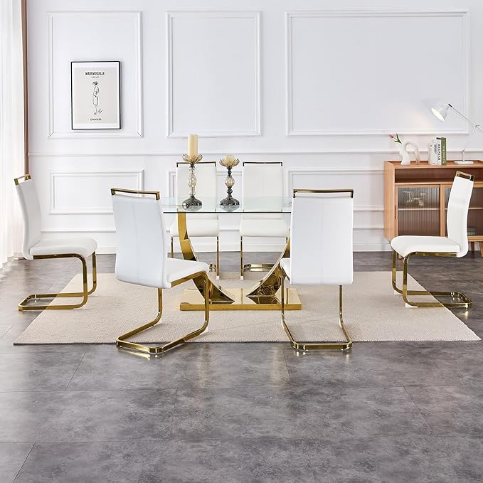 63” Glass Dining Table Set for 6,Gold Dining Room Table Set for 6,Modern Kitchen Table and PU Leather Chairs for 6, Dinner Table with Rectangle Tempered Glass Top and Golden Base