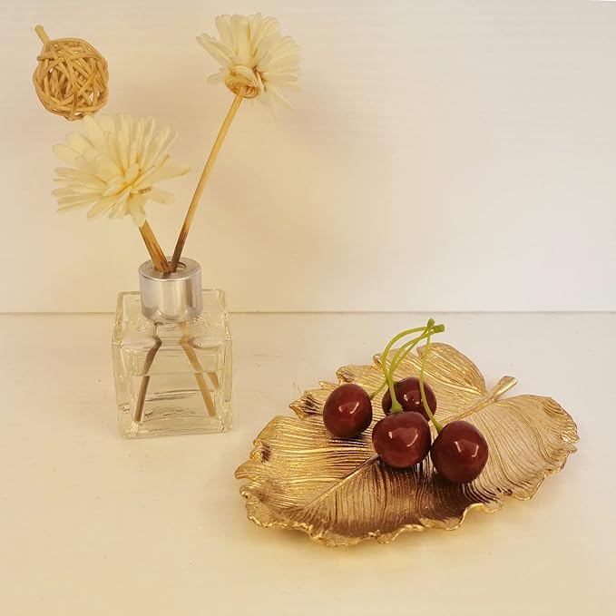 Metal Jewelry Dish, Small Leaf Shaped Ring Holder Jewelry Organizer, Trinket Dish Vanity Tray for Dresser Christmas Birthday Wedding Gifts Large Elm-Gold