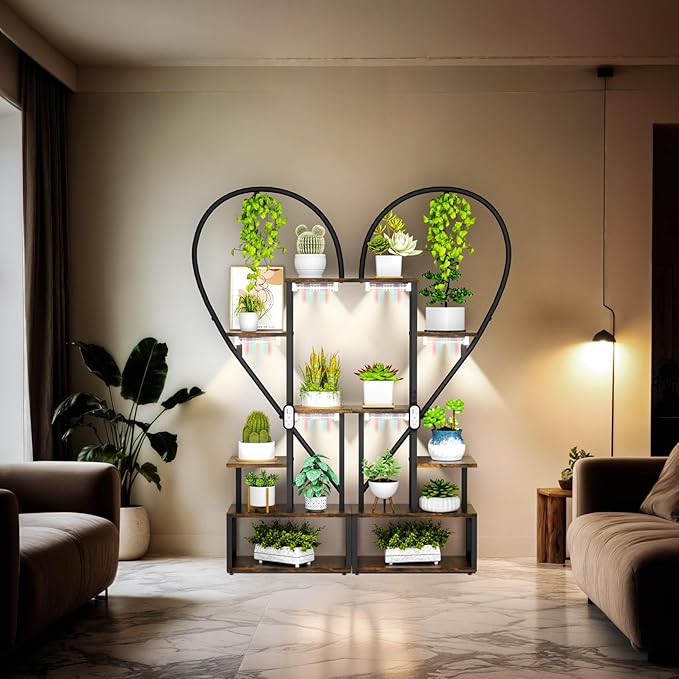 unho Plant Stand Indoor with Grow Lights, 3 Head Full-spectrum Plant Grow Lights，6 Tiered tiered plant plant shelf indoor Multiple, Half Heart Shape Plant Rack, Large Brown Plant Holder for Home Patio Balcony (2 Pack)