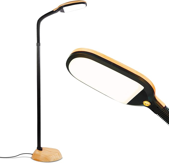 Brightech Litespan - LED Floor Reading Lamp, Modern Wooden Style, Adjustable Gooseneck, 850-950 Lumens, 12W, 3-Year Warranty