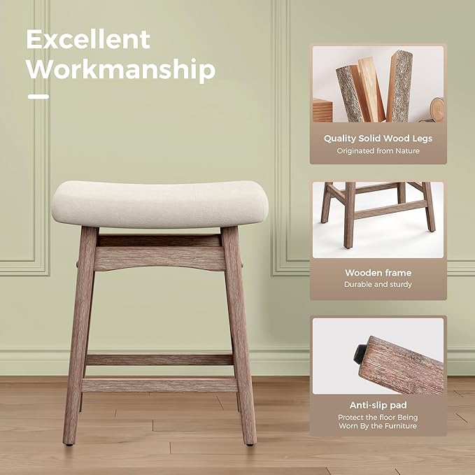 MAISON ARTS Counter Height Bar Stool for Kitchen Counter Solid Wood Legs with Fabric Saddle Seat Farmhouse Barstool for 34"-38" Counter Island Upholstered Stool, 24in, Creamy White Cushion,1pc