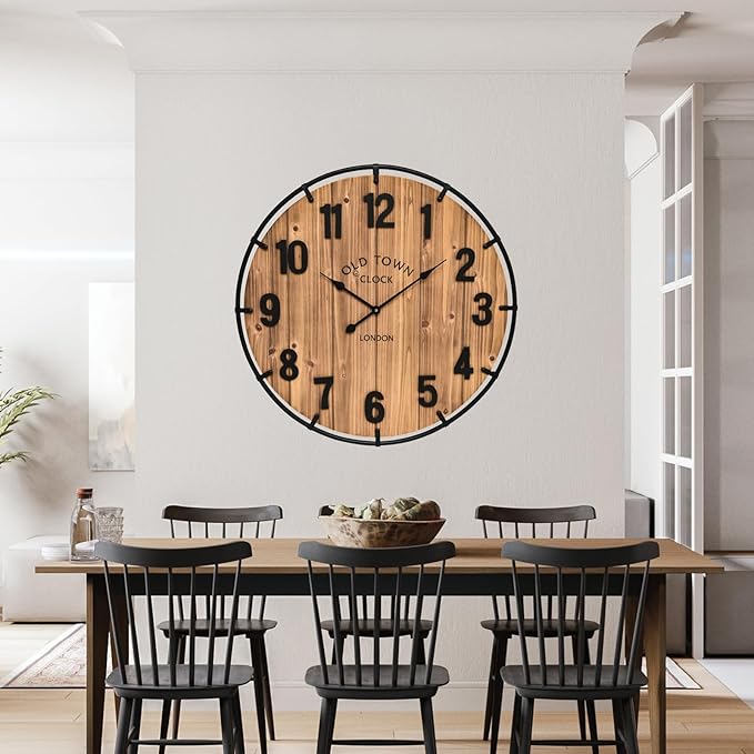 30 Inch Farmhouse Wall Clock Large Old Town Vintage Rustic Wooden Clock with Metal Rim and Large Numerals, Silent Battery-Operated for Office, Kitchen, Bedroom, and Living Room