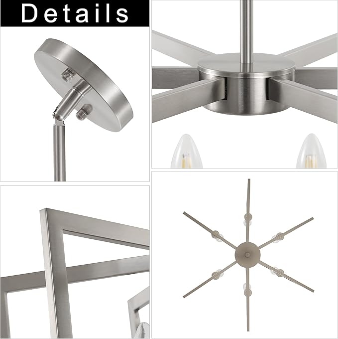 6-Light Modern Metal Geometric Chandelier，Kitchen Island Brushed Nickel Lighting Fixtures，Entryway Light Fixture Hanging Brushed Nickel，Farmhouse for Dining Room Chandelier