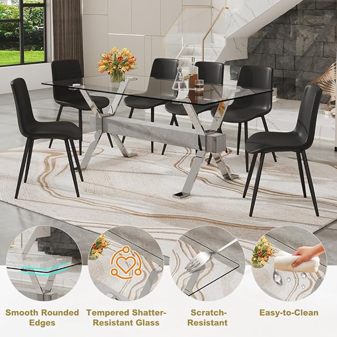 71'' Glass Dining Table Set for 6,7 Piece Dining Table Set with Tempered Glass Tabletop and Open‑Frame X‑Shaped Metal Base,Kitchen Table and Chairs Ideal for Dining Room&Home Office