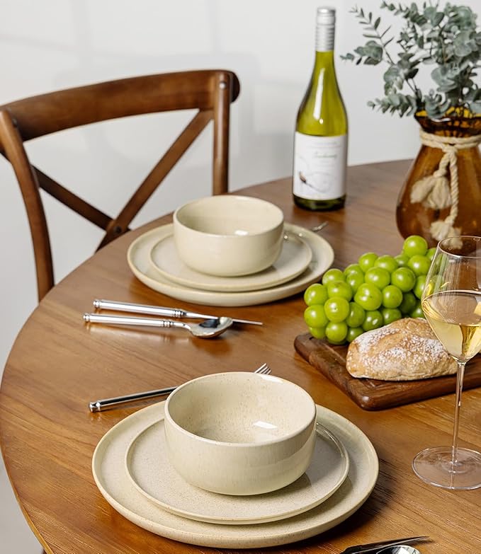 TheTerra Ceramic Dinnerware Sets for 4, 12 Pieces Handmade Reactive Glaze Plates and Bowls Set, Scratch Resistant Dish Set, Oven & Microwave & Dishwasher Safe