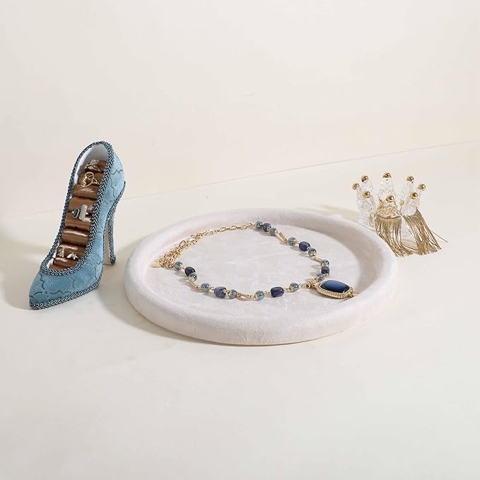 GemeShou Round Jewelry Organizer plate, Top Microfiber velvet Jewerly display tray, Empty Jewelry showcase tray for Necklace Bracelet Ring Earring display stand holder (Cream-Large, 9.8 x 9.8 in)