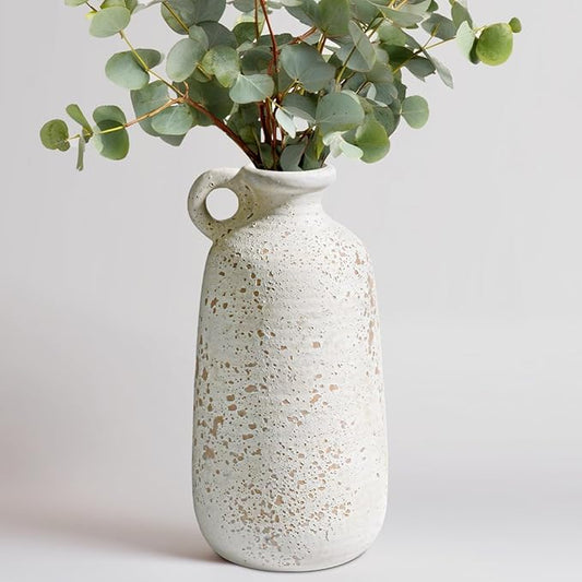 Sunddo White Ceramic Vase, Rustic Farmhouse Decorative Vase with Handle, Farmhouse Decor, Centerpieces Entryway Shelf Living Room Table Decor 10 inch