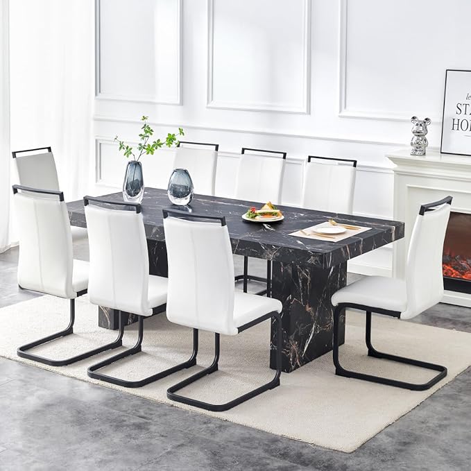 79" Modern Dining Table Set｜Marble Dining Table Set with 8 Faux Leather Chairs｜Engineered Wood with Marble Pattern Tabletop｜Widened and Stable Tablelegs｜Easy Assembly