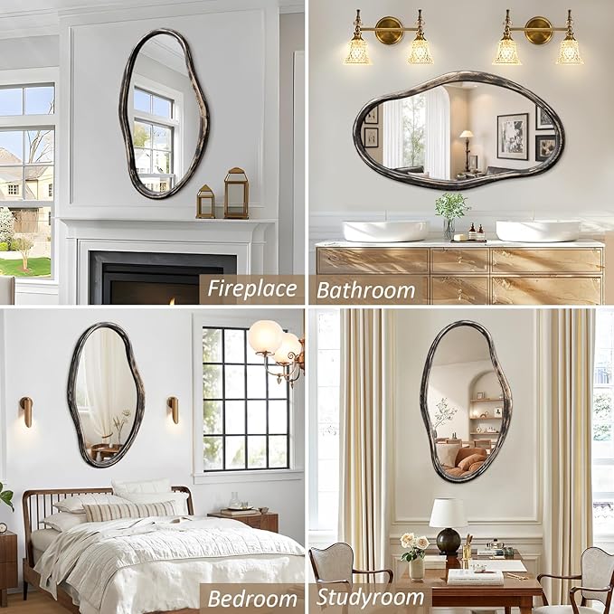 JJUUYOU Irregular Mirror Asymmetrical Wall Mirror 34"x22" Modern Hanging Mirrors for Bathroom Bedroom Living Room Hallway Large Wall Mounted Makeup Dressing Mirrors Rustic Black