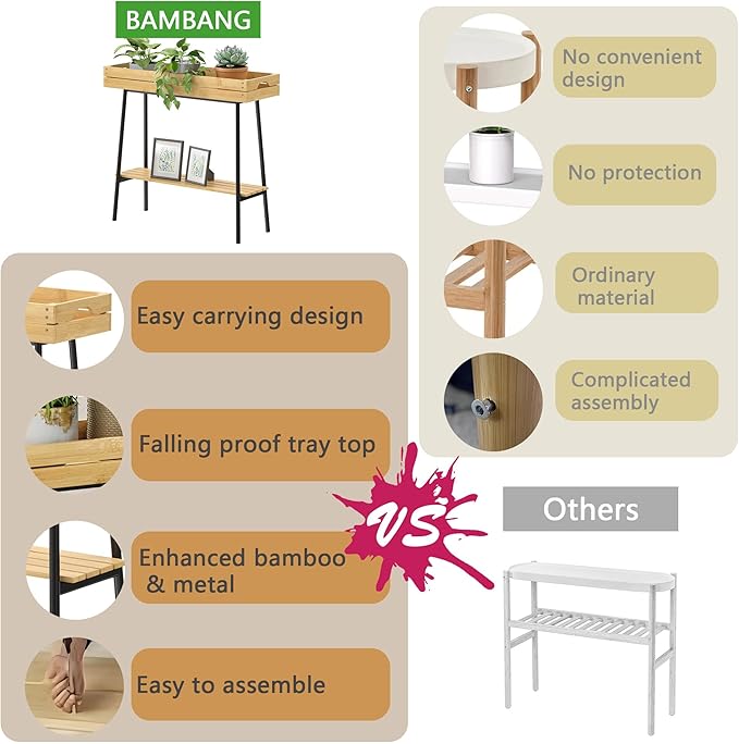 BAMBANG Bamboo Plant Stand Indoor, 2 Tier Wood Small Plant Table, Tall Plant Stand for Indoor Plants, Window Sill Plant Shelf, Flower Pot Holder Plant Bench Plant Rack for Living Room Balcony Outdoor