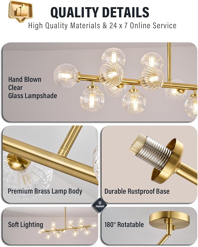 Glass Globe Sputnik Chandelier, 16-Light Mid Century Modern Light Fixture Over Table, Linear Chandeliers for Dining Room, Kitchen Island, Brass Gold and Clear Bubble, 40 Inch, GC-02