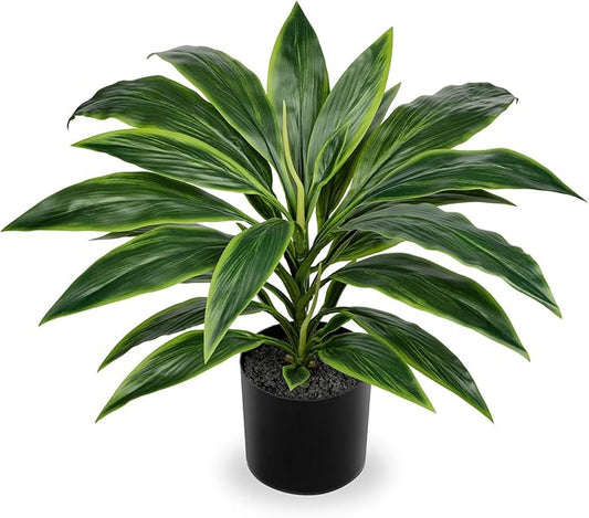 Artificial Plants Indoor with Pot, 18.1" Fake Potted Plants Medium Artificial Dracaena Plant in Black Pot Faux Tropical Plants for Bathroom Living Room Office Desk Shelf Decor