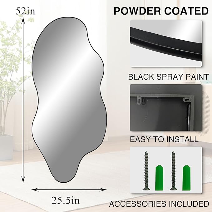 Large Irregular Mirror, Asymmetrical Full Length Mirror, 52"x25.5" Wavy Shaped Mirrors, Modern Frameless Decorative Mirrors for Dressing Living Room Bathroom Bedroom Hallway Entryway