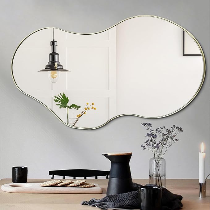 Irregular Wall Mirror, 46"x26" Asymmetrical Mirrors with Gold Metal Frame, Waved Shaped Decorative Mirrors for Living Room Bathroom Bedroom Hallway Entryway Fireplace