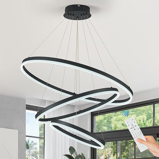 3-Rings Modern LED Chandelier Black, Dimmable Pendant Lighting with Remote Control Circular Flush Mount High Ceiling Light for Living Room Dining Room Foyer, 3000K-6500K D31.5’’