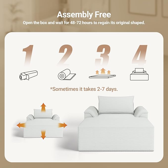 Claiks 68" Oversized Chaise Lounge Chair Indoor, Corduroy Upholstered Boneless Sofa Bed, Deep Seat Sleeper Couch with Pillows and Armrest, Cloud Sofas Reading Chair for Living Room, Beige
