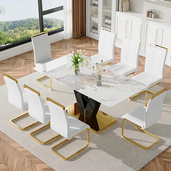 71'' Dining Table Set for 8,Marble Dining Table Set,Modern Kitchen Table with 8 PU Leather Chairs,Gold Dining Room Table Set with V-Shaped Black Glossy Pillars,Ideal for Kitchen Dining Room