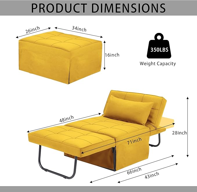 BIGSYY Sofa Bed, 4 in 1 Multi-Function Folding Ottoman Breathable Linen Couch Bed with Adjustable Backrest Modern Convertible Chair for Living Room Apartment Office, Yellow