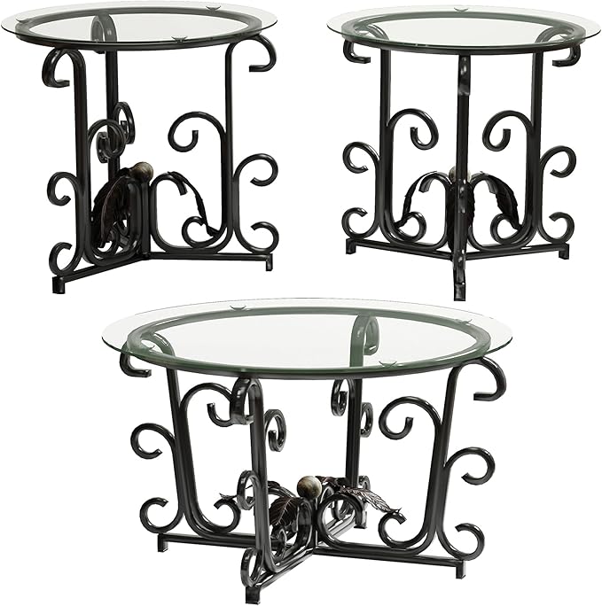 Tempered-Glass Nesting Coffee Table Set of 3 ，Black 31.5" Round Coffee Table and 2pcs Round Small Side Tables，Small-Space Friendl Modern Apartment Coffee Tables for Living Room