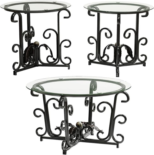 Tempered-Glass Nesting Coffee Table Set of 3 ，Black 31.5" Round Coffee Table and 2pcs Round Small Side Tables，Small-Space Friendl Modern Apartment Coffee Tables for Living Room