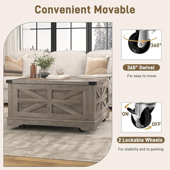 36" Farmhouse Movable Lift Top Coffee Table with Storage and Power Outlets, Square Wood Living Room Tables with Wheels&Large Hidden Space, Lift Wooden Barn Door Center Table, Grey