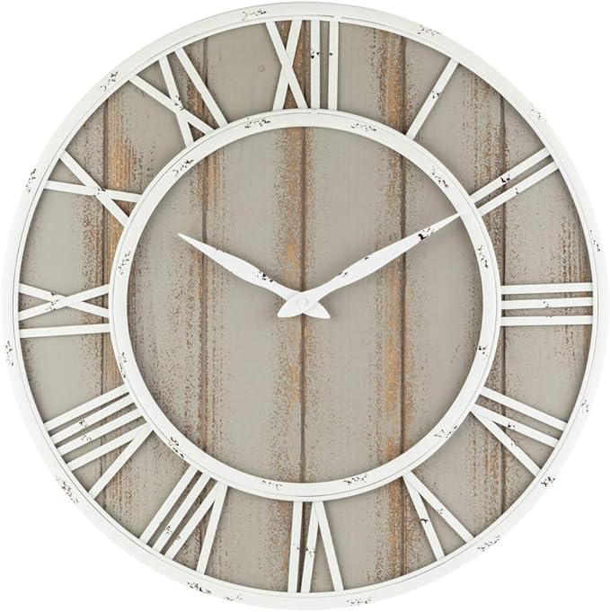 Oldtown Farmhouse Metal & Solid Wood Noiseless Wall Clock (Coastal Grey, 24-inch)