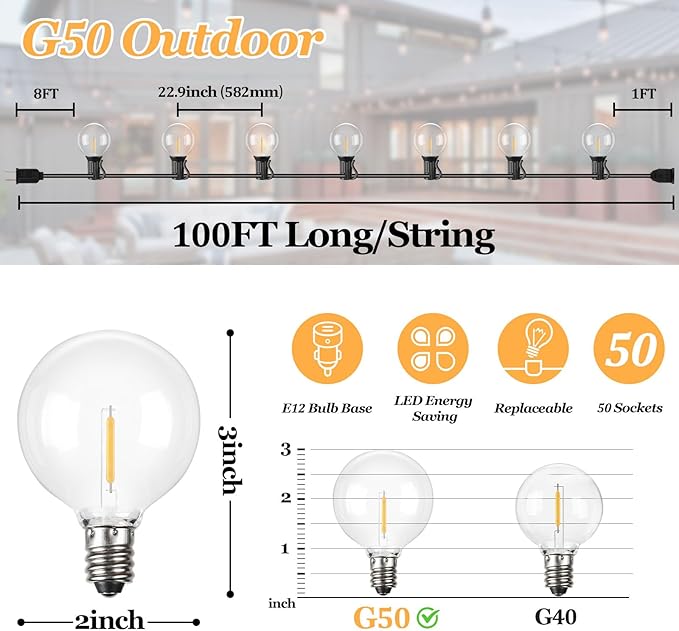 100ft Outdoor G50 LED Globe String Lights Dimmable Waterproof Shatterproof Light Strings with 52 Bulbs Connectable Commercial Hanging Lights for Christmas Patio House Backyard Balcony Party